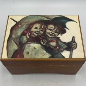 Vintage Wooden Reuge Swiss Music Box with Illustrated Lid - Works!